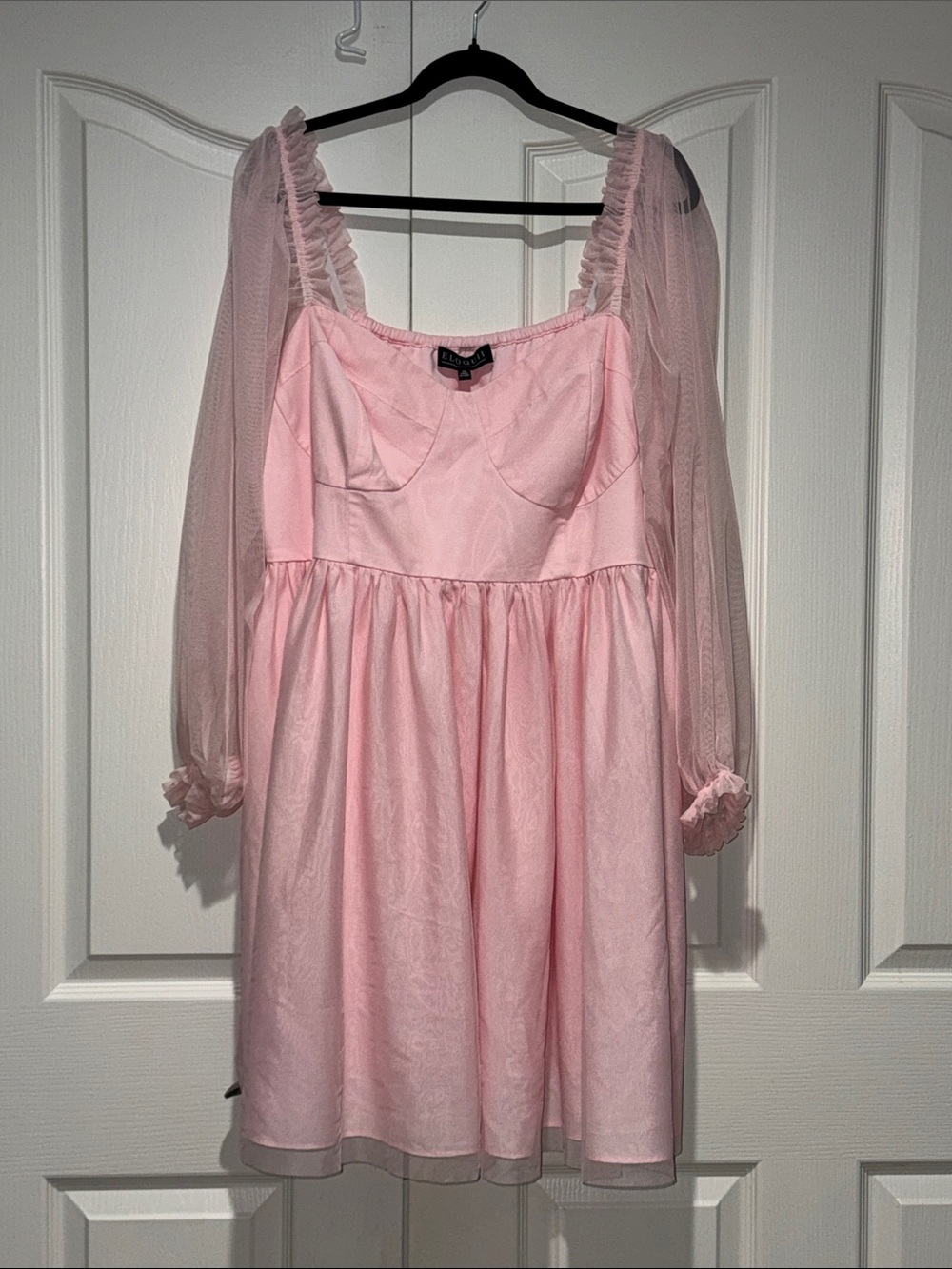 ELOQUII Light Pink Corset Babydoll Mini Dress with Sheer Puff Sleeves